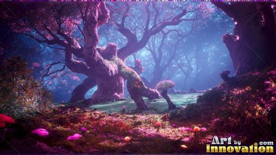 In a blue forest, gnarled pink trees stand over moss and bright mushrooms
