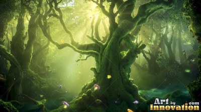 Stretching toward sunlight, an old mossy tree anchors a green forest floor