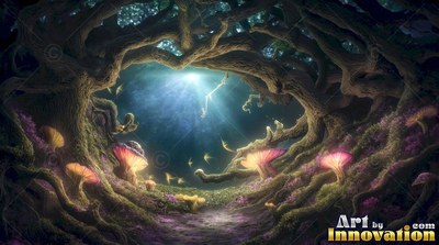 Curved tree roots framing bright blue light and pink mushrooms