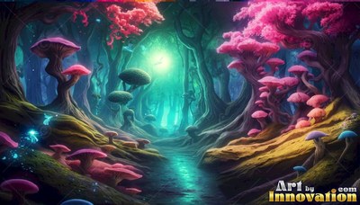 Bright pink canopies cover giant mushroom trees along a forest path lit by teal fog