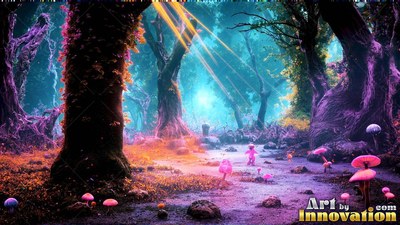 Pink mushrooms grow on the dim forest ground under bright beams of light