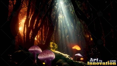 Sprouting upright on a dark log, purple mushrooms sit under sunbeams