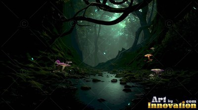 A shallow stream flows through a dark mossy forest lit by soft teal mist