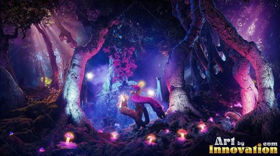 In a dark purple forest, curved tree trunks rise over small pink mushrooms