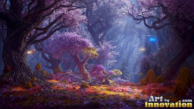 Old trees with pink blossoms under cool blue light
