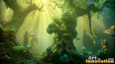 Knotted bark covered in green moss, an old tree stands under bright sunbeams in a hazy forest