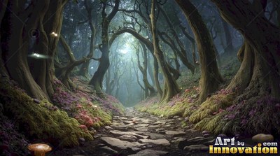 A stone path winds through bent woodland trees toward soft teal light in the mist