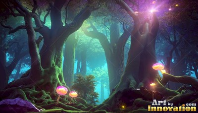 Spreading broad roots through a dark forest, mossy trees shade pink mushrooms under purple light