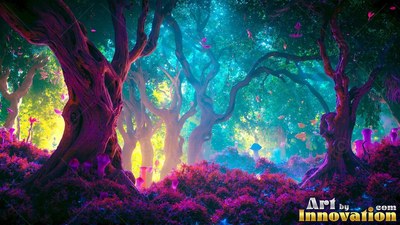 Twisted purple trees rise over magenta bushes in a bright teal forest