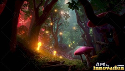 In a deep forest, bright yellow mushrooms grow near a pink fungus under tiny fireflies
