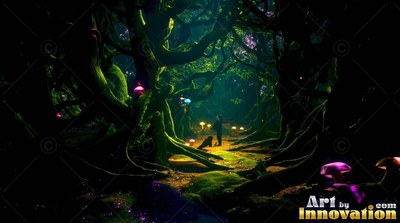 Standing on a path, a traveler and dog pause beside twisted green trees and mushrooms