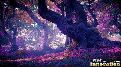 Old twisted trees in a forest with purple leaves on the ground