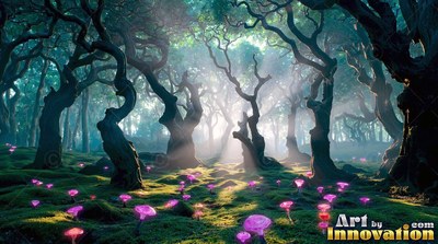 Twisted dark trunks rise from green moss dotted with pink mushrooms in a misty forest
