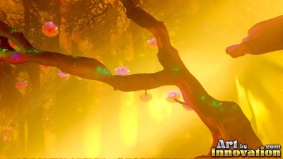 A tree branch reaches across the forest, lit by warm yellow light