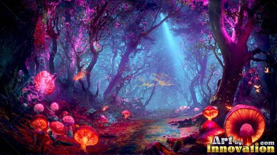 Sitting low in a dense forest, bright red mushrooms grow beneath a blue beam