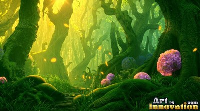 Yellow sunlight shines through twisted green trees with round pink flowers