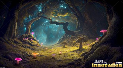 In a shadowy forest path, bright pink mushrooms sprout along the mossy ground