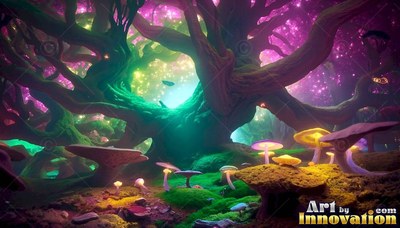 Spreading wide over mossy ground, a twisted tree rises above pink and yellow mushrooms