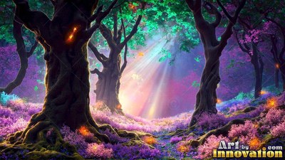 Gnarled forest trees with purple flowers and bright sunbeams
