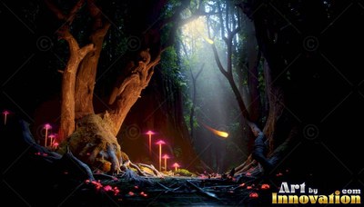 Twisted brown bark covers ancient trees beside pink mushrooms under sunbeams in a shadowy forest