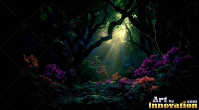 Dark gnarled trees arch over purple shrubs as pale light beams through the canopy