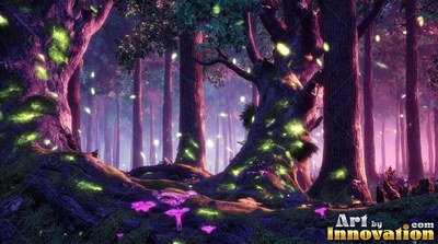 Curving tree trunks rise from a deep forest floor lit by bright fireflies