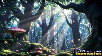 Sunlight cuts through tall green trees onto mossy ground with pink mushrooms