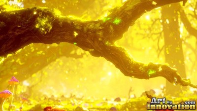 In a bright yellow forest, a thick mossy tree branch hangs over small mushrooms