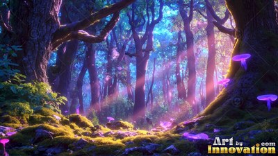 Shining through tall trees, pink light falls across purple mushrooms on moss