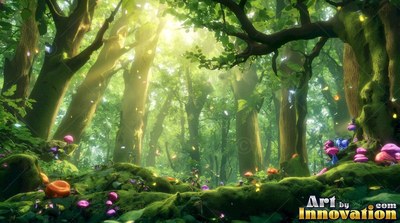 Sunlight filters through tall green trees onto small pink mushrooms