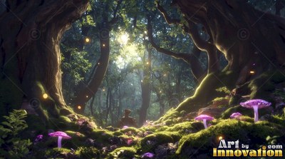 Bright purple mushrooms sprout along mossy roots under ancient trees where fireflies drift in sunlight