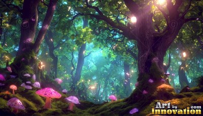 Pink mushrooms sprout across mossy roots under leafy trees lit by yellow specks