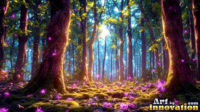 Standing tall in a bright woods, thick mossy trees rise past purple petals