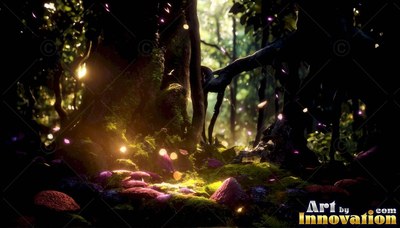 Yellow lights float over mossy ground and pink mushrooms in dark woods