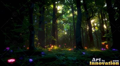 In a dark green forest, bright pink and purple mushrooms sprout along the mossy ground
