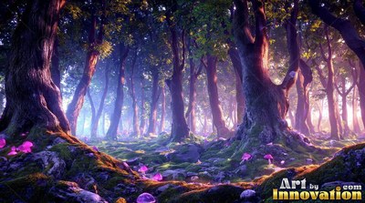 Rising through purple light, tall mossy trees shade pink mushrooms on the ground