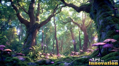 Old mossy trees surrounded by purple mushrooms in a sunny forest