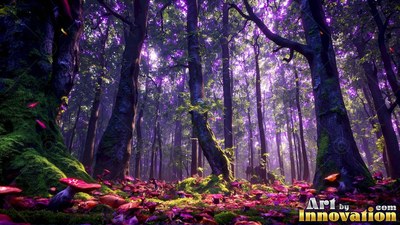 Thick green moss on dark tree trunks across a forest floor covered in purple light
