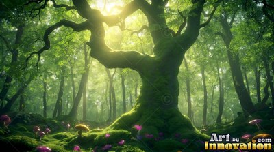 A mossy tree spreads its thick branches under pale green sunlight