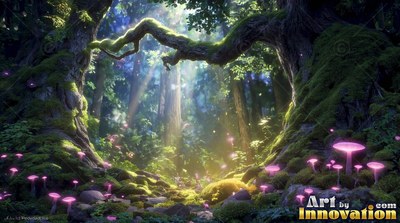 Arching over a sunlit woodland path, mossy trees frame bright pink mushrooms