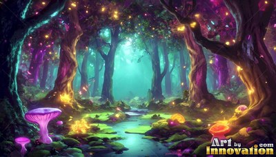 A dense forest with twisted trees, a narrow stream, and bright pink mushrooms