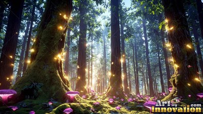 In a sunlit forest, tall trees are surrounded by fireflies and purple mushrooms