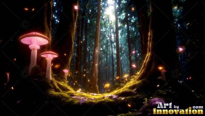 Sprouting on a mossy forest floor, two pink mushrooms shine in the dark night woods