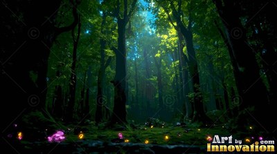Dark green forest with bright spots of light on the ground