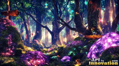 Bright purple crystal rocks rest on mossy ground in a dense forest filled with tall trees