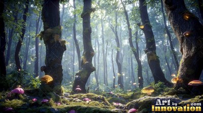 Mossy forest trees stand in pale green light as small fireflies float around them