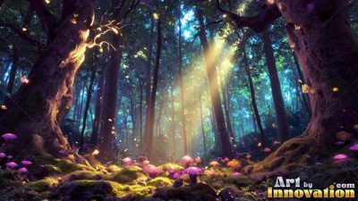 Sunlight shines through dark forest trees over purple mushrooms on mossy ground
