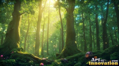 In a sunlit green forest, tall mossy trees rise toward the bright canopy