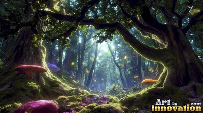 Arching over a mossy path, two large trees frame a forest with colorful mushrooms
