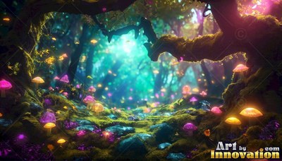 Bright mushrooms sprout on moss under dark trees in teal light